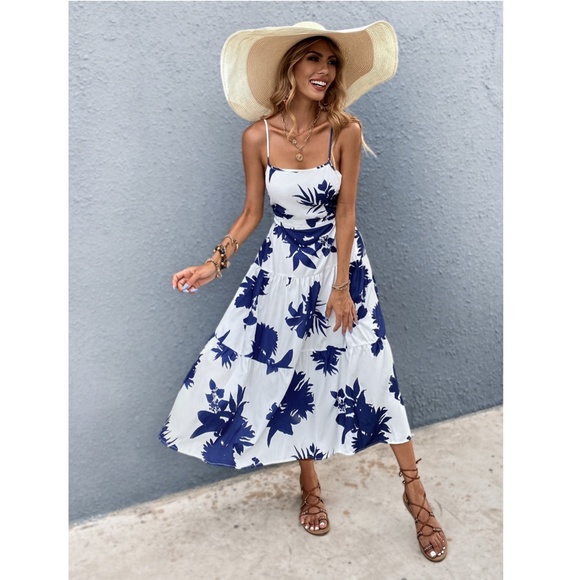 White Dress Blue Floral Print Midi Cut Out Back - Picture 7 of 10